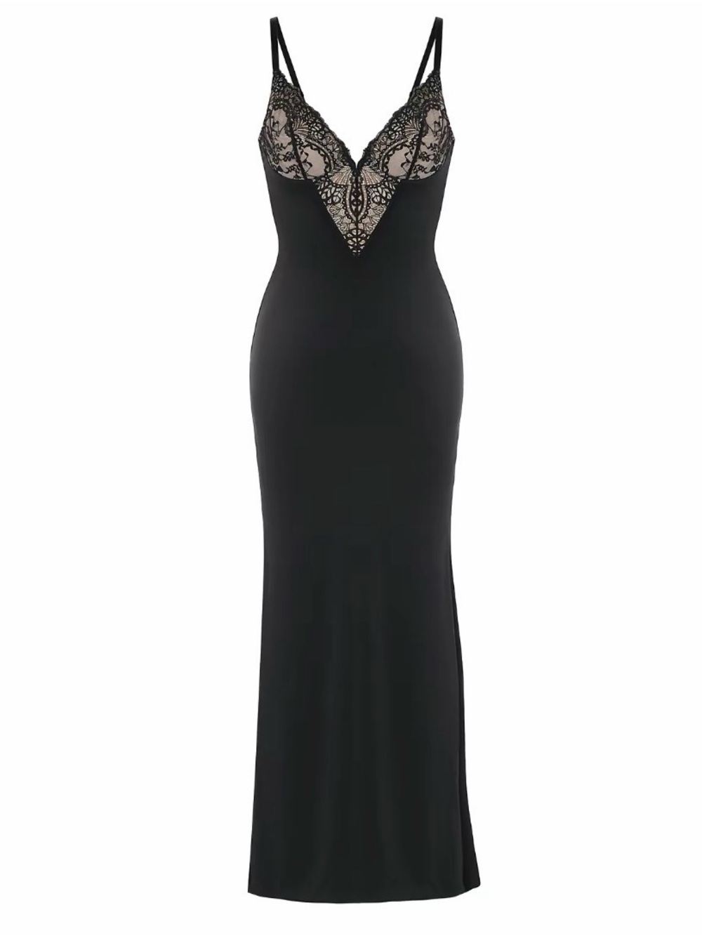 Black Lace-Trim Slip Dress with Scalloped V-Neck